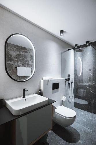a bathroom with a sink and a toilet and a mirror at AHRN Natur Apartment in Lutago