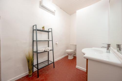ein Badezimmer mit einem Waschbecken, einem WC und einem Regal in der Unterkunft **APPARTEMENT PROCHE GARE ET MARCHE DE TOULON** in Toulon