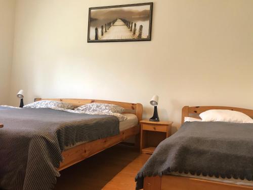 - une chambre avec 2 lits et une photo sur le mur dans l'établissement Zöld Vendégház, à Csernely