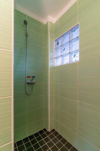 a green shower with a window in a bathroom at Penzion Sykovec in Tři Studně