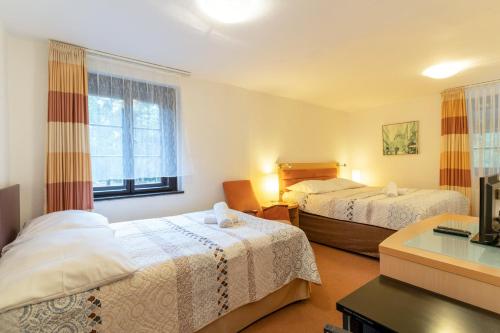 a hotel room with two beds and a window at Penzion Sykovec in Tři Studně