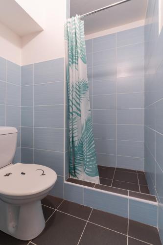 a bathroom with a toilet and a shower curtain at Penzion Sykovec in Tři Studně