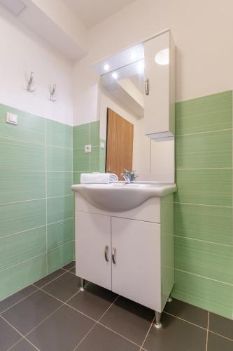 a bathroom with green and white walls and a sink at Penzion Sykovec in Tři Studně