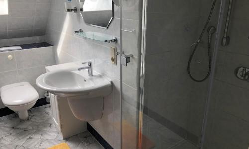 a bathroom with a sink and a shower and a toilet at Ferienwohnung Mittelbach - Whg im OG in Dierhagen