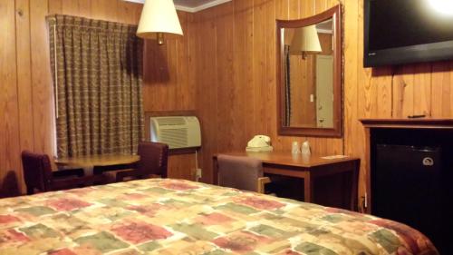 a bedroom with a bed and a desk and a television at Texas Inn Motel in Marshall
