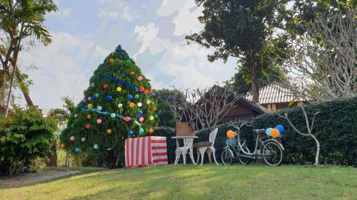a christmas tree in a yard with two bikes at จำค่า ชาเลท์ บ้านพักสวนเกษตร (Jumka Chalet - Home and Farm Stay) in Ban Cham Kha