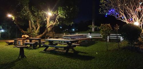 a group of picnic tables in a park at night at จำค่า ชาเลท์ บ้านพักสวนเกษตร (Jumka Chalet - Home and Farm Stay) in Ban Cham Kha