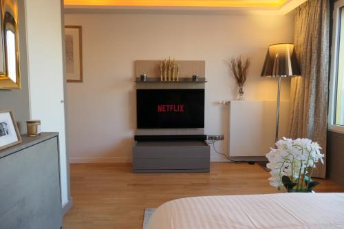 - un salon avec une télévision et un lit dans l'établissement Luxury Studio Daumesnil Wifi & Netflix, à Paris