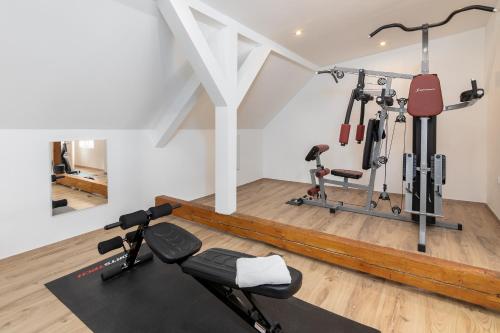 a gym with treadmills and exercise equipment in a attic at Hotel Zentral in Wiener Neustadt