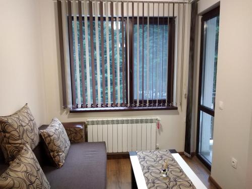 a living room with a couch and two windows at Borovets Gardens apartment A20 in Borovets