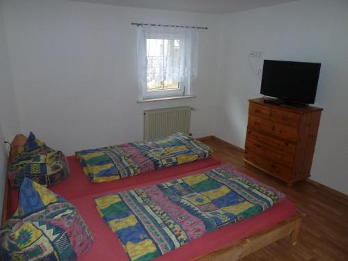 a bedroom with two beds and a television on a dresser at Gästehaus Anja in Braunfels