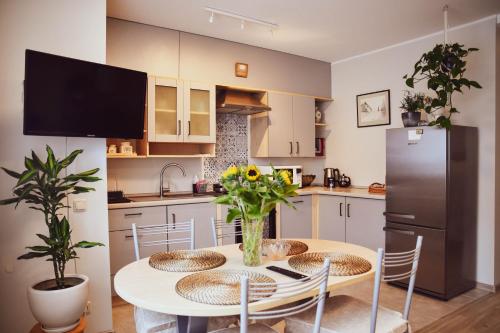 a kitchen with a table with chairs and a refrigerator at Central Park Apartment Birštonas in Birštonas