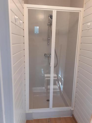 une salle de bain avec une douche avec une porte vitrée dans l'établissement Gite Le bout du monde, à Baume-les-Messieurs