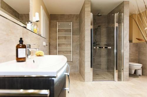La salle de bains est pourvue d'un lavabo, d'une douche et de toilettes. dans l'établissement Holiday house, Fuhlendorf, à Fuhlendorf
