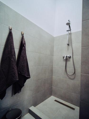 a bathroom with a shower with a toilet and towels at Zakarias Apartments in Miercurea-Ciuc