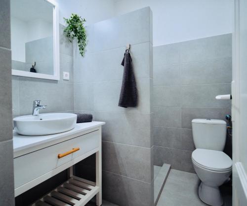 a bathroom with a sink and a toilet at Zakarias Apartments in Miercurea-Ciuc