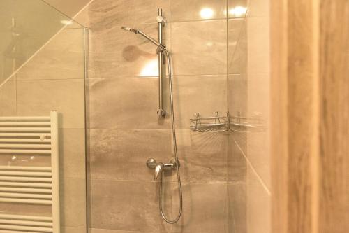 a shower stall with a glass door with a shower at Apartmani Marijamagdalena in Gračac