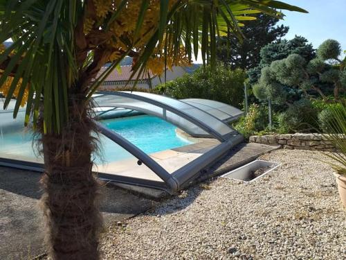 una piscina con una rampa junto a una palmera en Fan 36B en La Roche-de-Glun