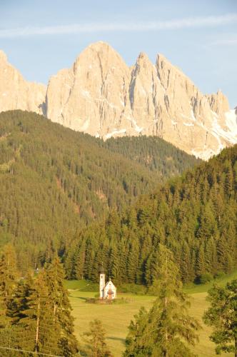 a house in a field in front of a mountain at Oberpiskoihof in Funes
