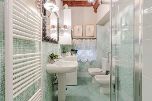 La salle de bains est pourvue d'un lavabo, de toilettes et d'une douche. dans l'établissement Casa Arias, à Lucques