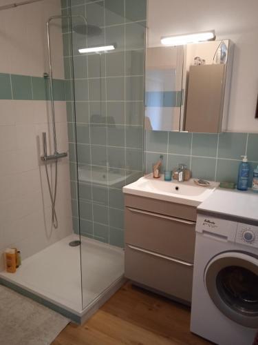 une salle de bain avec douche et machine à laver dans l'établissement Appartement Cosy Terrasse vue Quai Canal + parking, à Sète