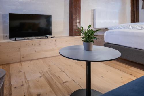 a living room with a table with a plant on it at Tschardakenhof Appartements in Lutzmannsburg