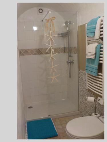 a bathroom with a shower with a toilet and towels at FRAROCKA B and B in La Ciotat