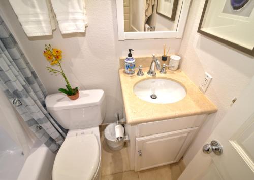 Baño pequeño con aseo y lavamanos en Tropical Beach Condo - Pool, Parking, 86" TV, WiFi, en Palm Beach