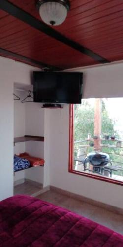 a bedroom with a bed and a flat screen tv at Mirador Valeisa in Guatavita