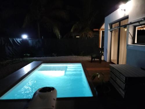 a small swimming pool in a yard at night at Les coquelinnes in Saint-Louis