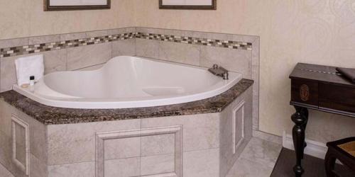 a large white tub in a bathroom with a counter at Red Coach Inn in Niagara Falls