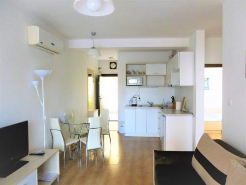 salon i kuchnia ze stołem i krzesłami w obiekcie Apartment Lozenets w Łozencu