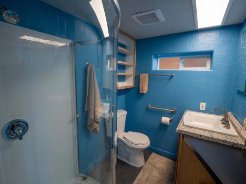 uma casa de banho azul com um WC e um lavatório em Good Karma Inn em Homer