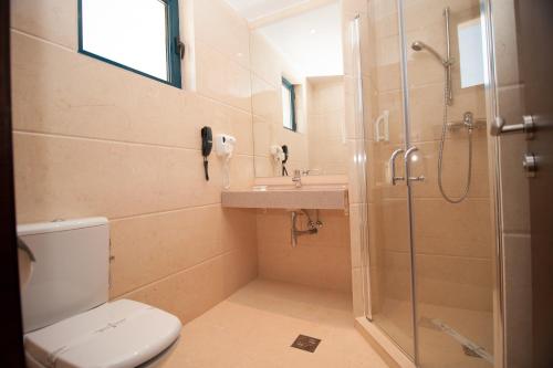 uma casa de banho com um chuveiro, um WC e um lavatório. em Hotel Mon Jardin em Mahmudia