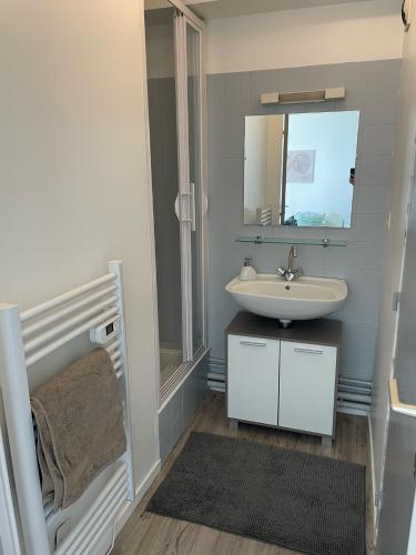 une salle de bain avec un lavabo et un miroir dans l'établissement L'essentiel, à Noyal-sur-Vilaine
