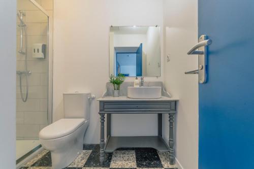 une salle de bain avec un lavabo, des toilettes et un miroir dans l'établissement Le Bel Endroit - Joli Studio vue jardin, à Bidache