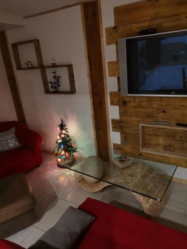 a living room with a christmas tree and a television at Gîtes Les Grandes Voies - Clé Vacances in Le Ménil