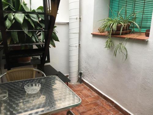 a patio with a table and some plants on a wall at Cal Sabater in Preixana