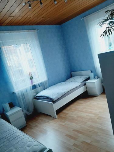 a blue room with a bed and a window at Ferienwohnung in Flörsheim