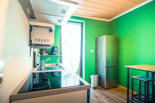a green kitchen with a sink and a refrigerator at Rheinterrasse Wohnung 1 in Lahnstein