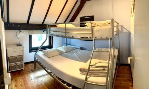 een slaapkamer met een stapelbed en een ladder bij Ysermonde Fisherman's Cottage in Nieuwpoort