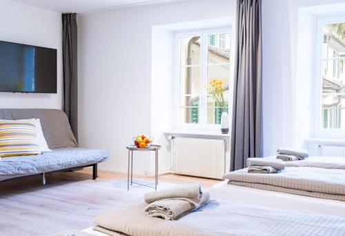 a living room with two beds and a tv at HITrental Zur Metzgern Apartments in Luzern