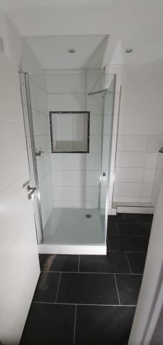 um chuveiro com uma porta de vidro na casa de banho em 37m² 1,5 Zimmer mit Terrasse und super Badezimmer em Tangstedt