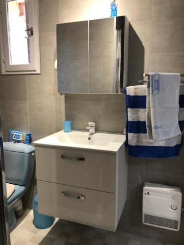 a bathroom with a sink and a toilet at AU MIMOSA - Chambre d'hôte Le Laurier in Passa