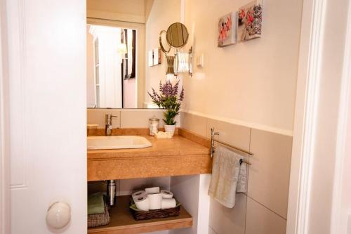 a bathroom with a sink and a mirror at Private Pool Apt. with Great View in Funchal