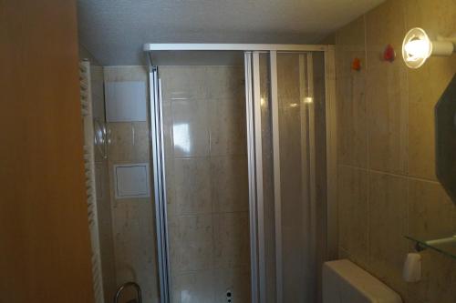 y baño con ducha y puerta de cristal. en Ferienwohung am Stadtrand von Rostock, en Rostock