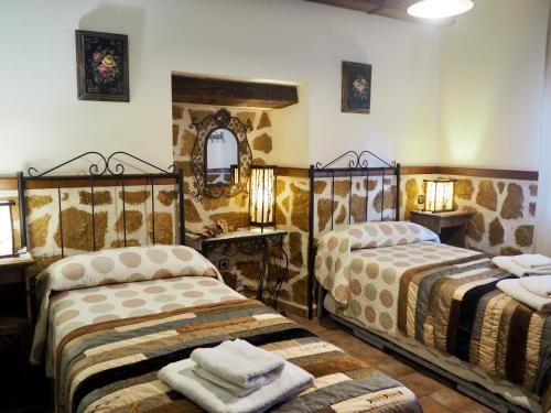 Cette chambre comprend 2 lits et un miroir. dans l'établissement El Rincón de Anter, à Higuera de las Dueñas