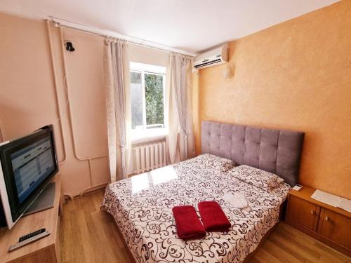 1 dormitorio con 1 cama con 2 almohadas rojas en Апартаменты в центре на Гагарина, en Dnipro