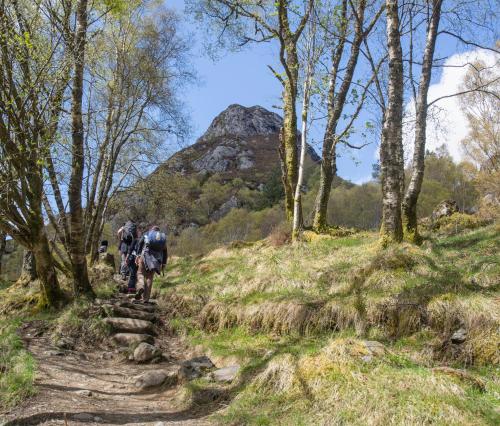 a group of people walking on a trail in the mountains at Lochend Chalets in Port of Menteith