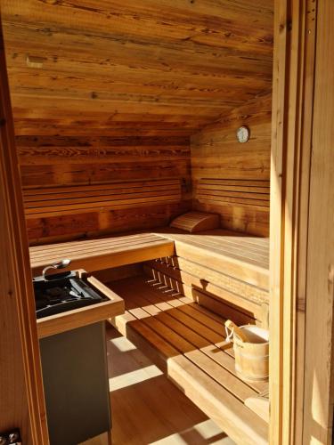 a small wooden sauna with a stove in it at Alpenhaus Donnerkogel in Annaberg im Lammertal